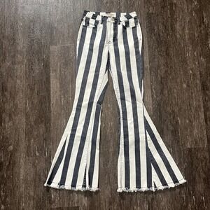BESTTO Womens Striped Flare Bell Bottom Jeans High Rise Frayed Hem Size S Boho